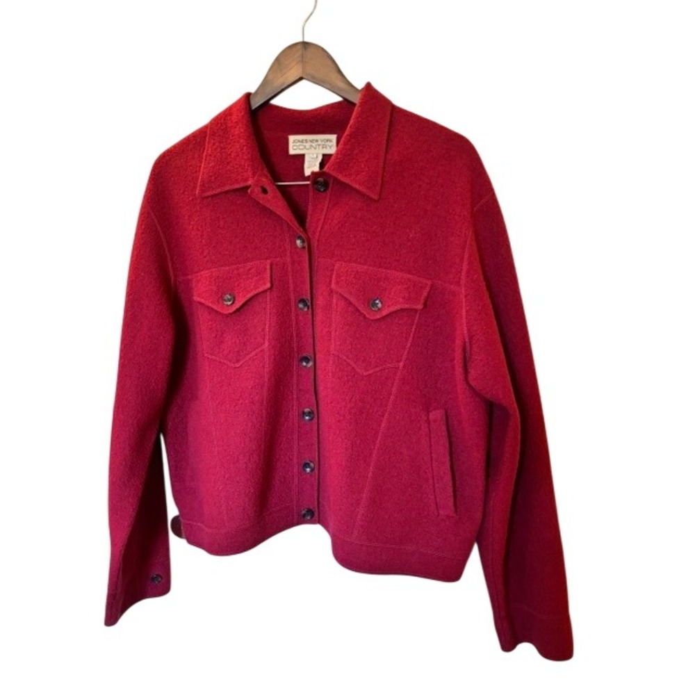 Jones New York Country Red 100% Wool Button Front Shirt Jacket Large Vintage